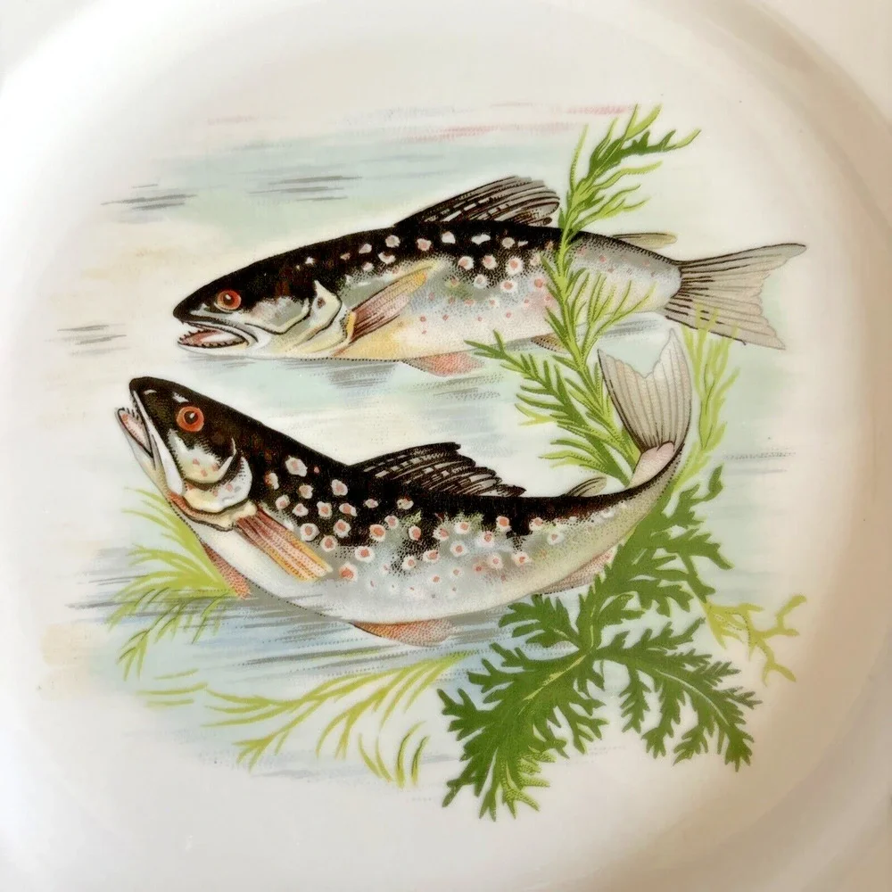 Hand Painted Fish Pattern Porcelain Dinner Plate Made In France Gold Gilt Rim